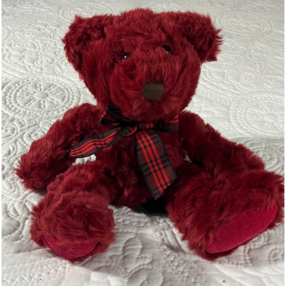 Vintage Russ Berrie & Co. "Cranberry" Beanbag Plush Teddy Bear Plaid Bow 1990's